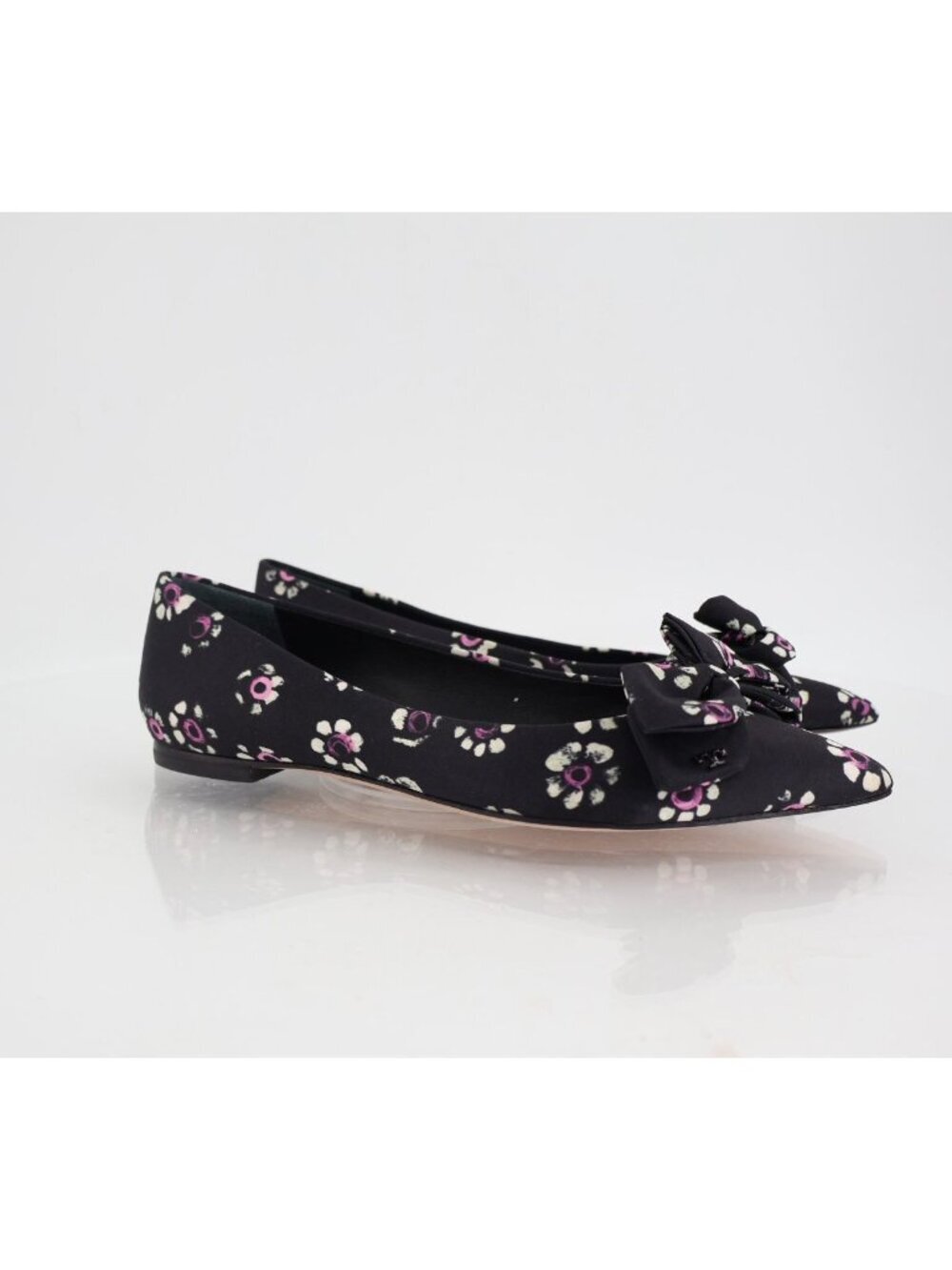 Tory Burch Rosalind Ballet Flats Women's Size 5 Black Floral Satin Bow Pointed